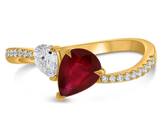 .86CT DIAMOND AAA RUBY 14KT YELLOW GOLD PEAR SHAPE & ROUND DOUBLE SOLITAIRE RING