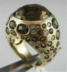 ESTATE WIDE 21.09CT DIAMOND & AAA EXTRA FACET SMOKY TOPAZ 14KT YELLOW GOLD RING