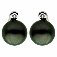 ESTATE .18CT ROUND DIAMOND & AAA TAHITIAN PEARL 14K WHITE GOLD 3D LOVE EARRINGS