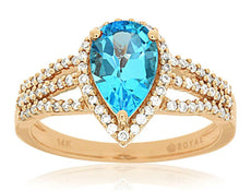 1.9CT DIAMOND & AAA BLUE TOPAZ 14K ROSE GOLD PEAR SHAPE & ROUND CLASSIC FUN RING