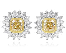 3.81CT WHITE & FANCY YELLOW DIAMOND 18K WHITE GOLD CUSHION ROUND FLOWER EARRINGS