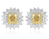 3.81CT WHITE & FANCY YELLOW DIAMOND 18K WHITE GOLD CUSHION ROUND FLOWER EARRINGS