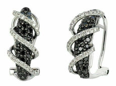 1.09CT WHITE & BLACK DIAMOND 14KT WHITE GOLD MULTI ROW CLIP ON HANGING EARRINGS