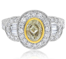 LARGE 2.01CT WHITE & FANCY YELLOW DIAMOND 18KT 2 TONE GOLD ROUND & BAGUETTE RING