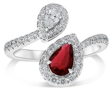 LARGE 1.19CT DIAMOND & AAA RUBY 14K WHITE GOLD PEAR SHAPE ROUND CRISS CROSS RING