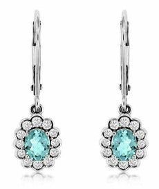 ESTATE .93CT DIAMOND & AAA AQUAMARINE 14KT WHITE GOLD 3D FLOWER HANGING EARRINGS