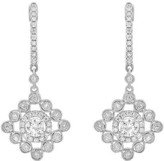 ESTATE .82CT DIAMOND 14KT WHITE GOLD 3D ROUND FLOWER LEVERBACK HANGING EARRINGS
