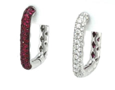 1.42CT DIAMOND & AAA RUBY 18KT WHITE GOLD 3 ROW FUN HUGGIE HOOP HANGING EARRINGS