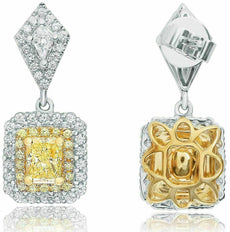 GIA 2.59CT WHITE & FANCY YELLOW DIAMOND 18KT 2 TONE GOLD SQUARE FLOWER EARRINGS