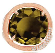 LARGE 8.99CT DIAMOND & AAA SMOKY QUARTZ 14KT ROSE GOLD HAMMERED DESIGN FUN RING