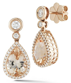 3.81CT DIAMOND & AAA MORGANITE 14KT ROSE GOLD PEAR SHAPE HALO HANGING EARRINGS