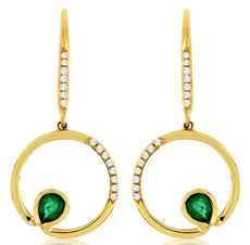 0.38CT DIAMOND & AAA EMERALD 14K YELLOW GOLD 3D CIRCLE OF LIFE HANGING EARRINGS