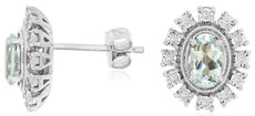 .94CT DIAMOND & AAA AQUAMARINE 14KT WHITE GOLD OVAL & ROUND FLOWER STUD EARRINGS