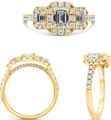 1.44CT DIAMOND 18KT YELLOW GOLD ROUND & EMERALD CUT PAST PRESENT FUTURE FUN RING