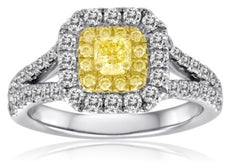 1.31CT WHITE FANCY YELLOW DIAMOND 14K 2 TONE GOLD CUSHION SQUARE ENGAGEMENT RING