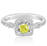 .90CT WHITE & FANCY YELLOW DIAMOND 18KT WHITE GOLD ROUND & BAGUETTE CUSHION RING