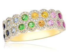 1.03CT DIAMOND & AAA MULTI GEM 14KT YELLOW GOLD 3D DOUBLE HALO ANNIVERSARY RING