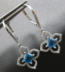 .87CT DIAMOND & AAA BLUE TOPAZ 14KT WHITE GOLD PRINCESS & ROUND HANGING EARRINGS