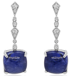 LARGE 21.73CT DIAMOND & AAA TANZANITE 18K WHITE GOLD 3D CUSHION & ROUND EARRINGS