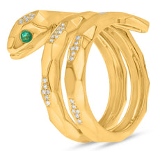 LARGE .22CT DIAMOND & AAA EMERALD 14KT YELLOW GOLD CRISS CROSS COBRA SNAKE RING