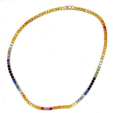22.53CT AAA MULTI COLOR SAPPHIRE 14K YELLOW GOLD CLASSIC RAINBOW TENNIS NECKLACE
