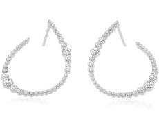 LARGE 1.0CT DIAMOND 14K WHITE GOLD OPEN TEAR DROP SIDEWAYS HOOP HANGING EARRINGS