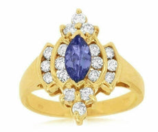 ESTATE 1.25CT DIAMOND & AAA TANZANITE 14KT YELLOW GOLD 3D FLOWER ENGAGEMENT RING