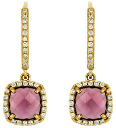 2.65CT DIAMOND & AAA RHODOLITE 14K YELLOW GOLD CUSHION CUT HALO HANGING EARRINGS