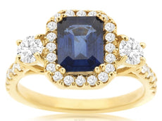 2.85CT DIAMOND & AAA SAPPHIRE 14KT YELLOW GOLD EMERALD CUT & ROUND 3 STONE RING