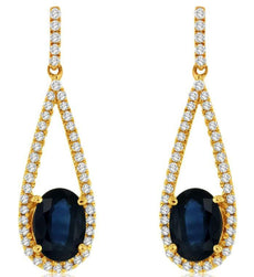 2.35CT DIAMOND & AAA SAPPHIRE 14KT YELLOW GOLD 3D OVAL & ROUND HANGING EARRINGS