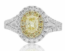 ESTATE 1.63CT WHITE & FANCY YELLOW DIAMOND 18KT 2 TONE GOLD HALO ENGAGEMENT RING