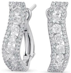 .88CT DIAMOND 14KT WHITE GOLD 3D 3 ROW SWIRL WAVE CLIP ON BAR HANGING EARRINGS