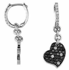 .70CT WHITE & BLACK DIAMOND 14K WHITE GOLD 3D HEART HUGGIE PAVE HANGING EARRINGS