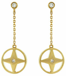 ESTATE .10CT DIAMOND 14KT YELLOW GOLD 3D ETOILE STAR FLOWER HANGING FUN EARRINGS
