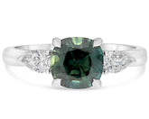2.40CT DIAMOND AAA GREEN SAPPHIRE PLATINUM CUSHION & PEAR SHAPE ENGAGEMENT RING