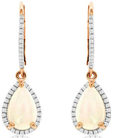 1.72CT DIAMOND & AAA OPAL 14K ROSE GOLD PEAR SHAPE & ROUND HALO HANGING EARRINGS