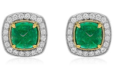 LARGE 7.79CT DIAMOND & AAA EMERALD 18KT 2 TONE GOLD SQUARE & ROUND STUD EARRINGS
