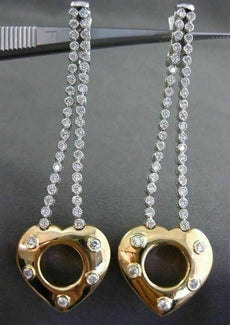 ESTATE LARGE 1.30CT DIAMOND 14KT TWO TONE GOLD 3D FLOWER HEART HANGING EARRINGS