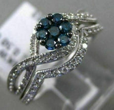 .68CT WHITE & BLUE DIAMOND 14KT WHITE GOLD FLOWER CLUSTER ENGAGEMENT RING SET