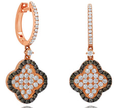 1.65CT WHITE & CHOCOLATE FANCY DIAMOND 14KT ROSE GOLD 3D FLOWER HANGING EARRINGS