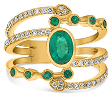 LARGE 1.41CT DIAMOND & AAA EMERALD 14K YELLOW GOLD OVAL & ROUND MULTI ROW RING