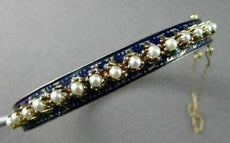 ANTIQUE WIDE 14KT Y VICTORIAN BLUE ENAMEL SOUTH SEA PEARL FILIGREE BANGLE #1746