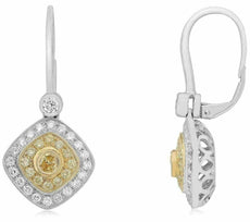ESTATE 1.56CT WHITE & FANCY YELLOW DIAMOND 18K 2 TONE GOLD HALO HANGING EARRINGS
