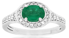 1.13CT DIAMOND & AAA EMERALD 14K WHITE GOLD 3D HALO OVAL & ROUND FRIENDSHIP RING