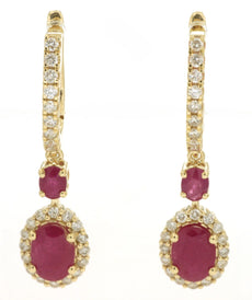 3.0CT DIAMOND & AAA RUBY 14KT YELLOW GOLD OVAL FLOWER LEVERBACK HANGING EARRINGS