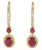 3.0CT DIAMOND & AAA RUBY 14KT YELLOW GOLD OVAL FLOWER LEVERBACK HANGING EARRINGS