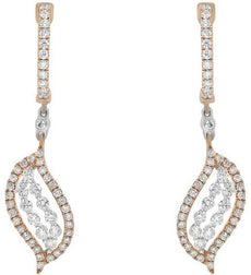 1.0CT DIAMOND 18KT WHITE & ROSE GOLD DOUBLE LEAF LEVERBACK FUN HANGING EARRINGS