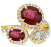 LARGE 2.88CT DIAMOND & AAA RUBY 18KT YELLOW GOLD OVAL 3 STONE FLORAL LOVE RING