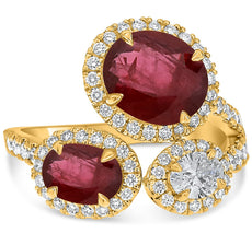 LARGE 2.88CT DIAMOND & AAA RUBY 18KT YELLOW GOLD OVAL 3 STONE FLORAL LOVE RING