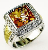 LARGE 5.6CT DIAMOND & AAA CITRINE 14K 2 TONE GOLD 3D CUSHION & ROUND SQUARE RING